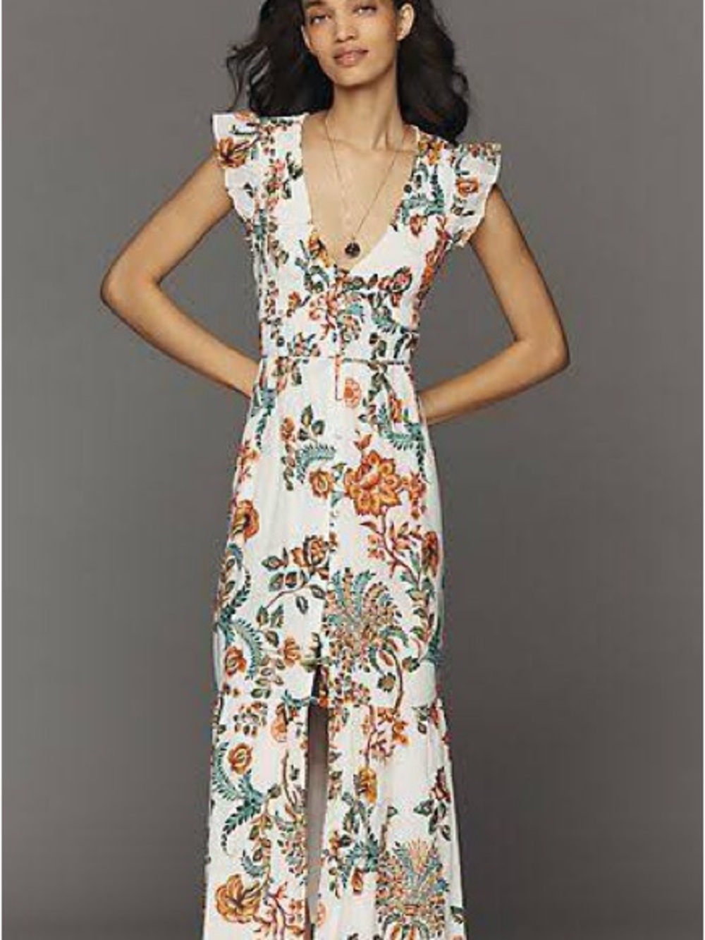 Katerina Button-Front White Floral V-Neck Maxi Dress with Flutter Sleeves